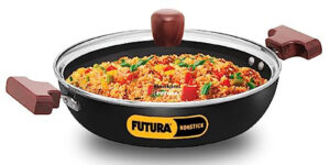 Hawkins Futura 2.5 Litre Shallow Kadhai, Nonstick Kadai with Glass Lid, Flat Bottom Induction Kadhai, Deep Fry Pan, Black