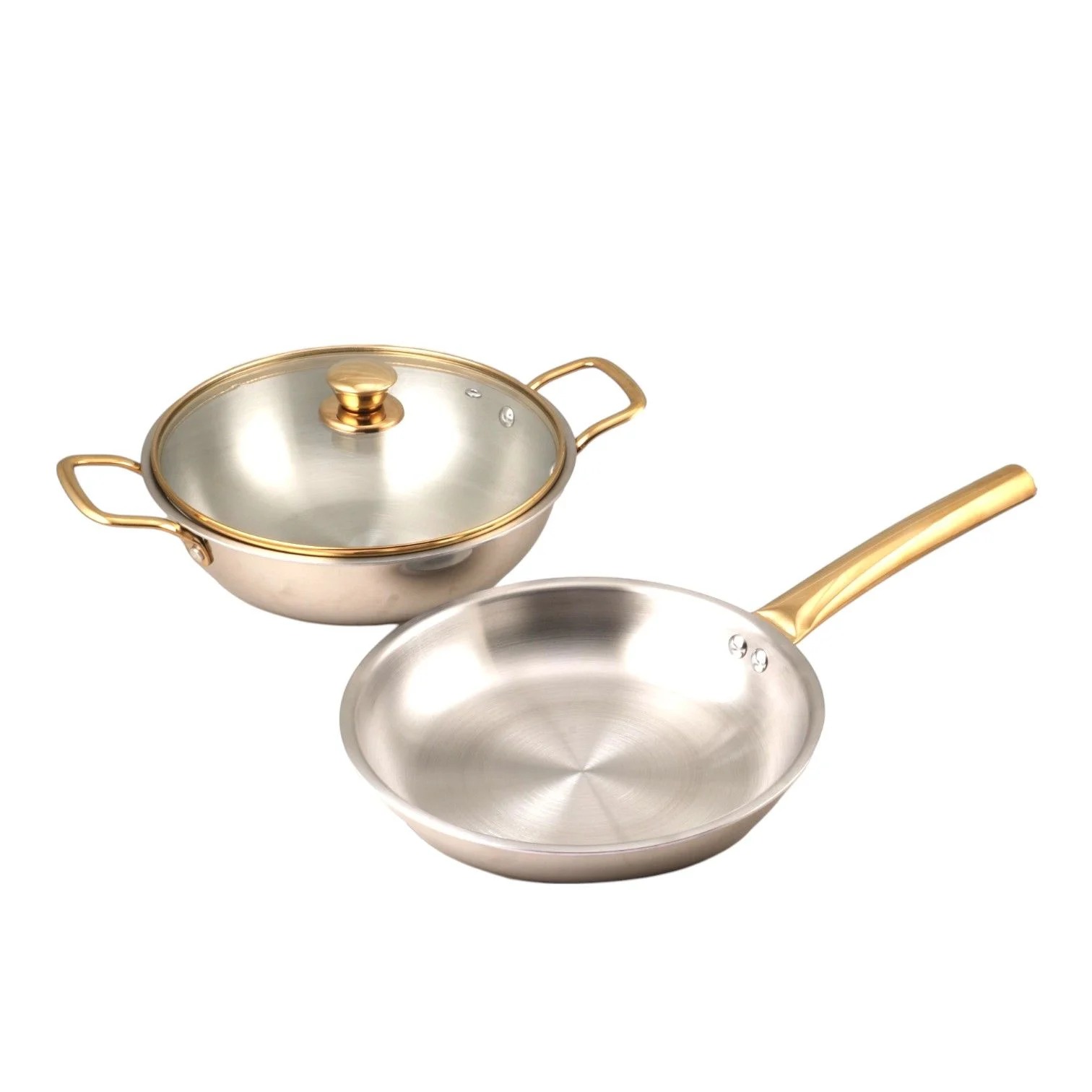 Kingston Premium Tri-ply Kadhai with Glass Lid + Fry Pan Gold Pvd Coating 3 Pcs Cookware Set