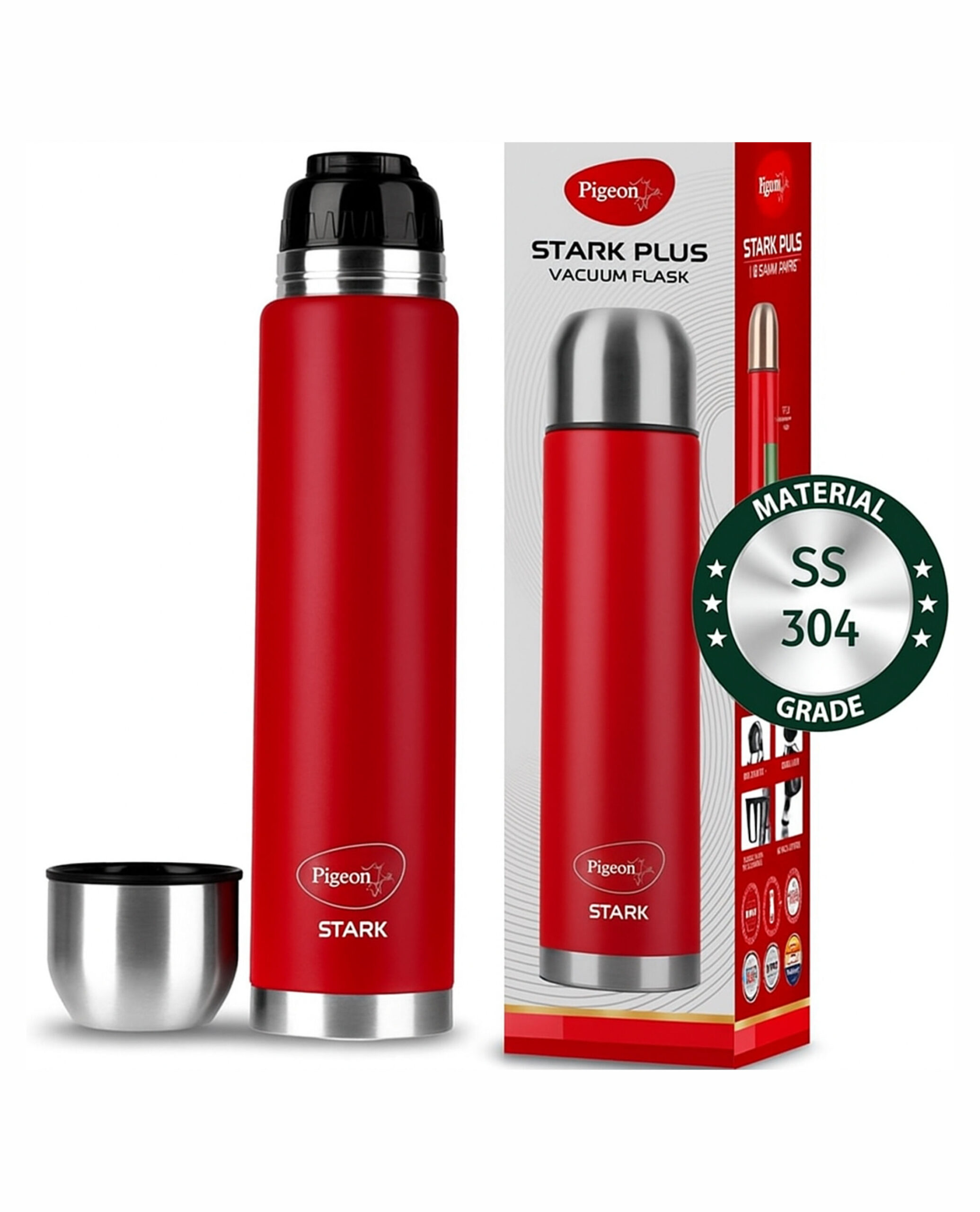 Pigeon Stark Plus Red Vacuum Flask – SS 304 Grade Stainless Steel