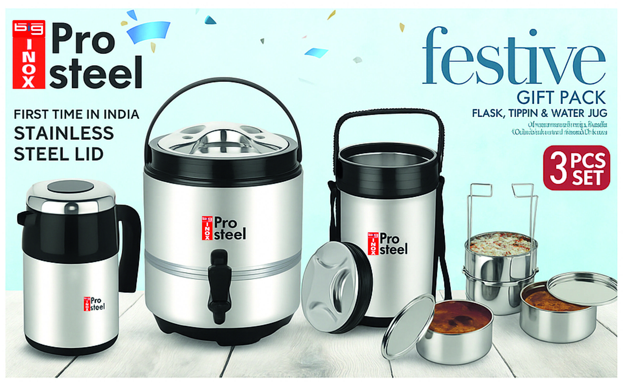 Big Festive 3 pcs Gift Pack (stainless steel water jug, a premium flask, and an insulated tiffin box)