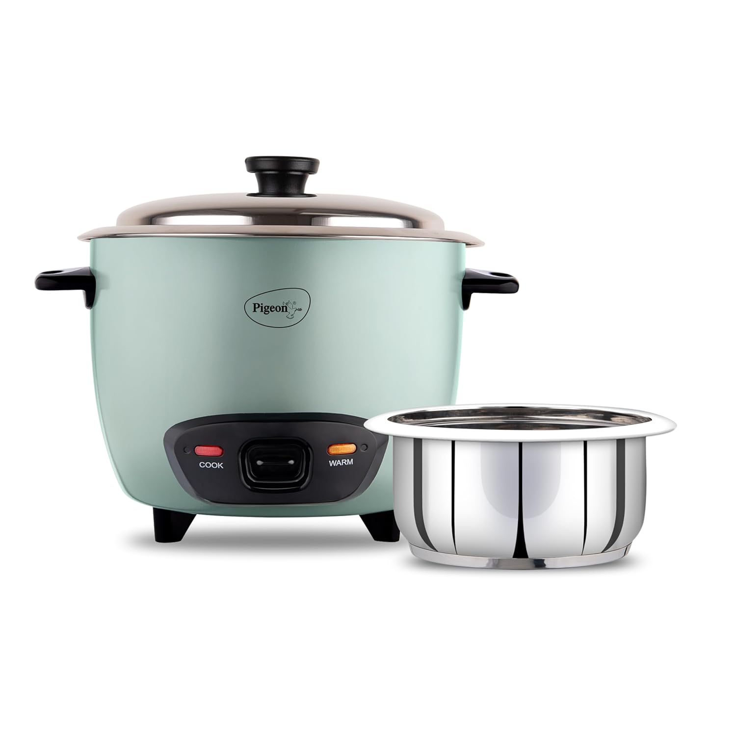 Pigeon Inox Rice Cooker with Single pot, 1 litres | Stainless Steel Lid | 700 Watts | 1 Steel Cooking Pot | Measuring Cup | Spatula | Energy Efficient Cooking