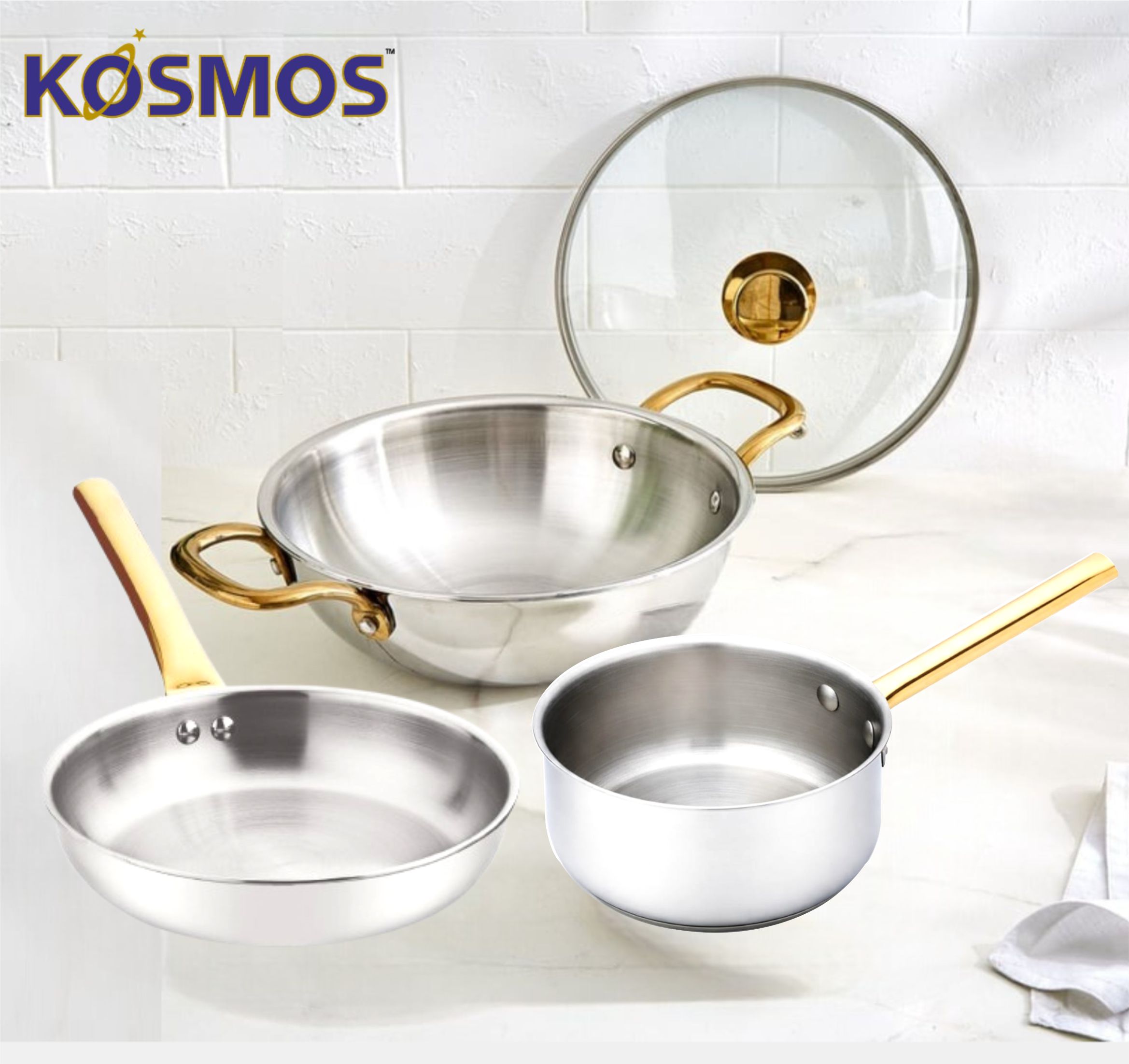 Kosmos Tri-Ply 4 Pcs Cookware Set (PVD Gold Handles)